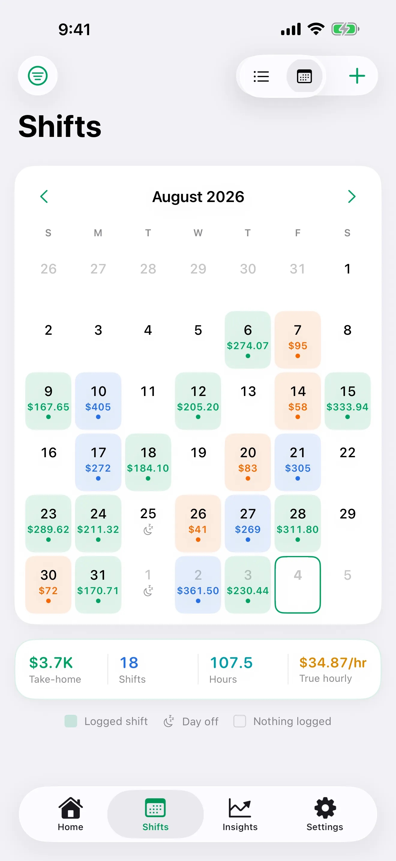The Tipfolio calendar for one month, with the take-home amount on each worked day, a colored dot per job, a moon icon on a day marked off, and the month's totals underneath.