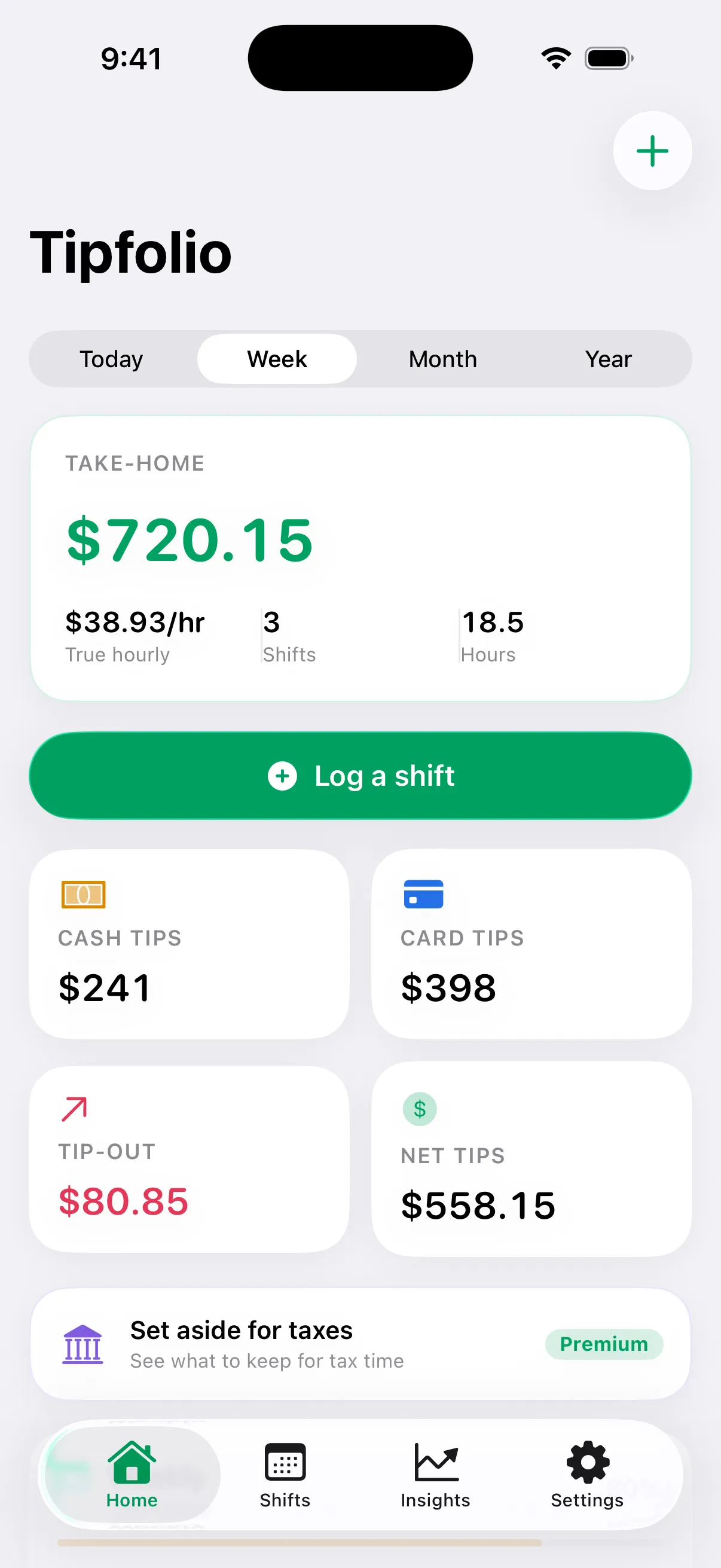 The Tipfolio dashboard showing this week's take-home, true hourly, and a color-coded breakdown of cash tips, card tips, and tip-out.