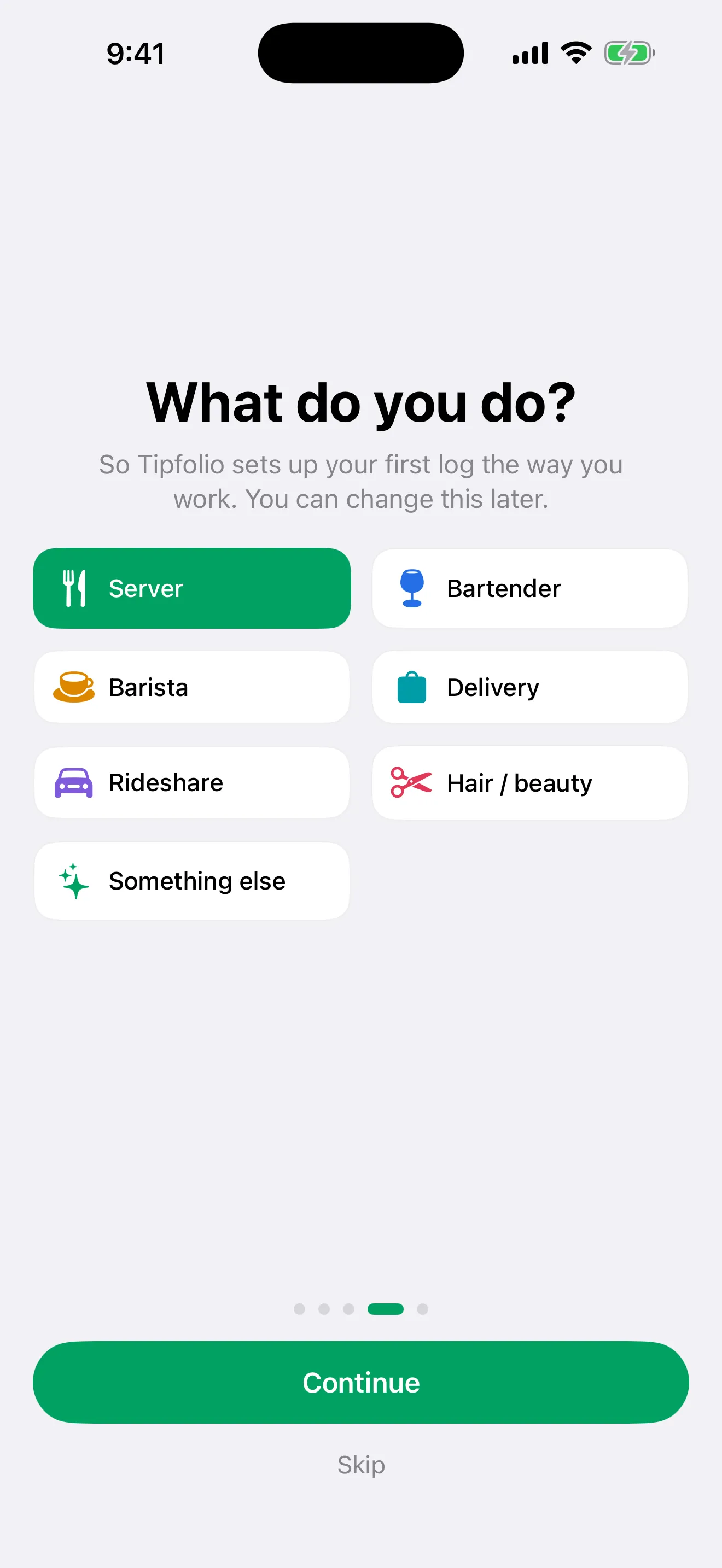 Tipfolio onboarding asking what kind of tipped work you do, with roles like server, bartender, and delivery driver.